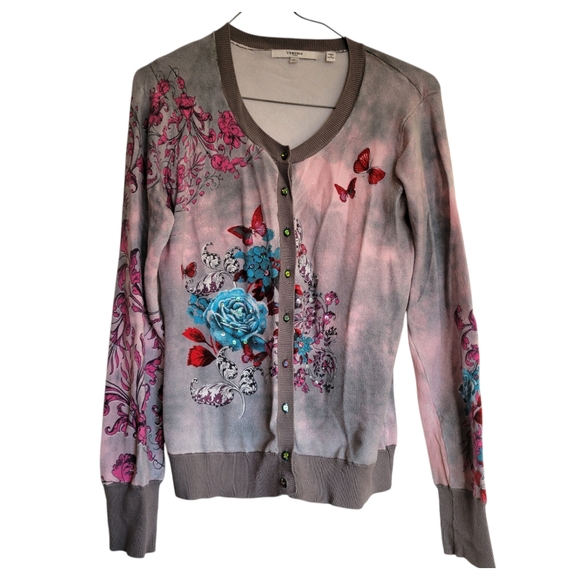 Vertigo Paris Sweaters - Vertigo Paris Silk Floral Cardigan with Butterfly Accents, Size: Medium